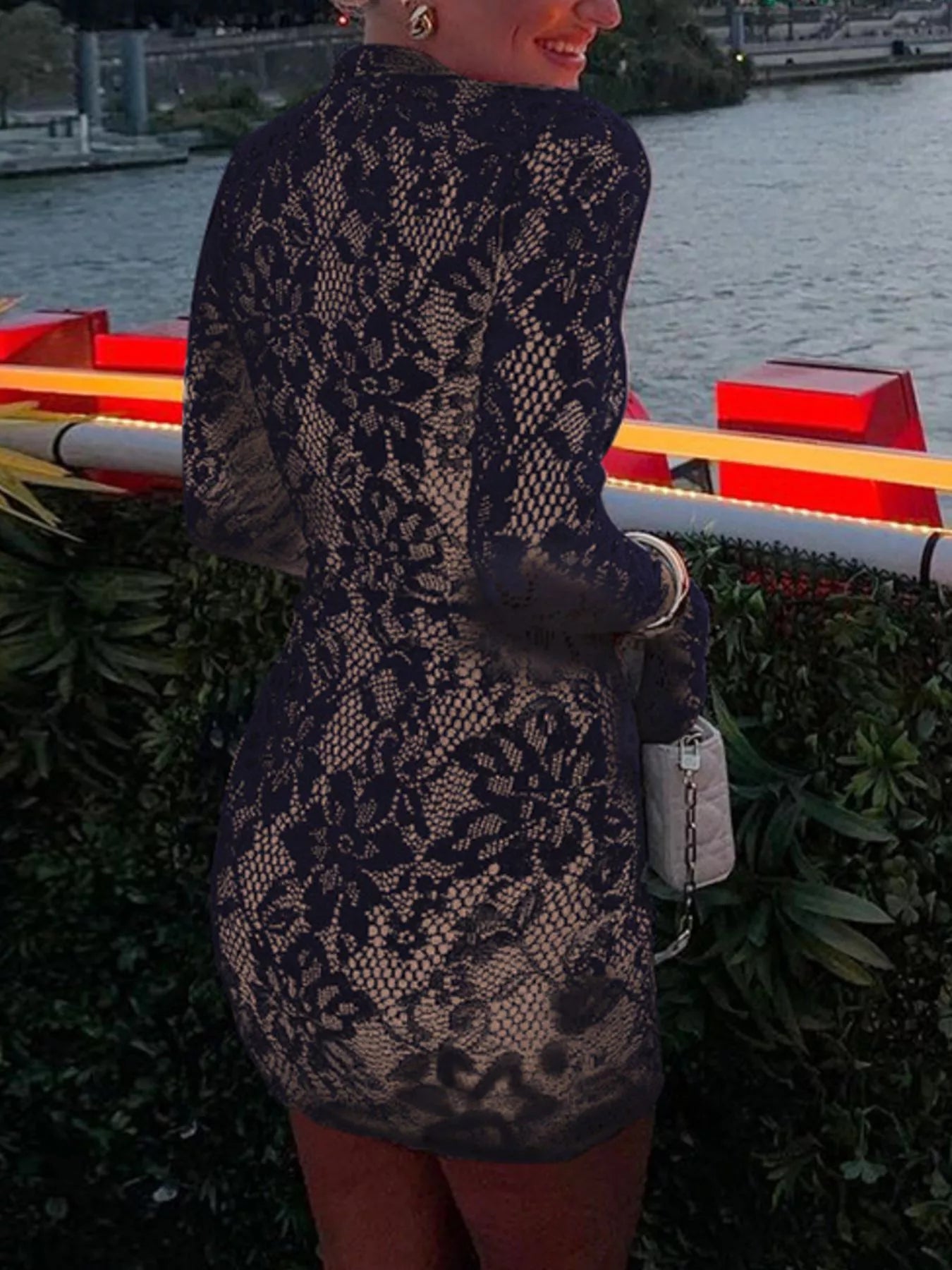 Long-sleeve occasion mini dress side view