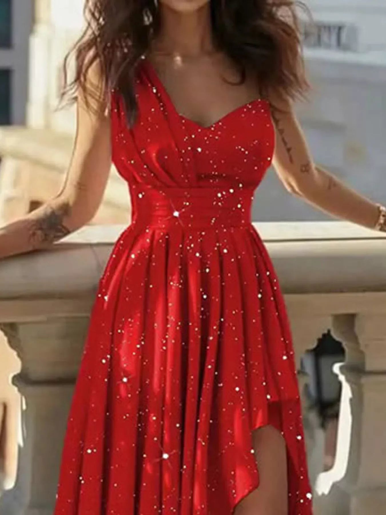 Deep-Red One-Shoulder High-Low Slit Maxi Dress - product view 2