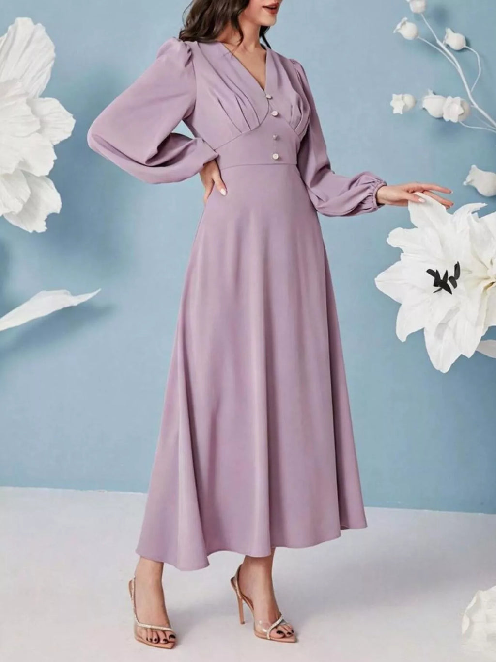 Lavender V-neck balloon sleeve maxi dress 5