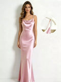 Pearl-strap cowl-neck satin maxi dress front view
