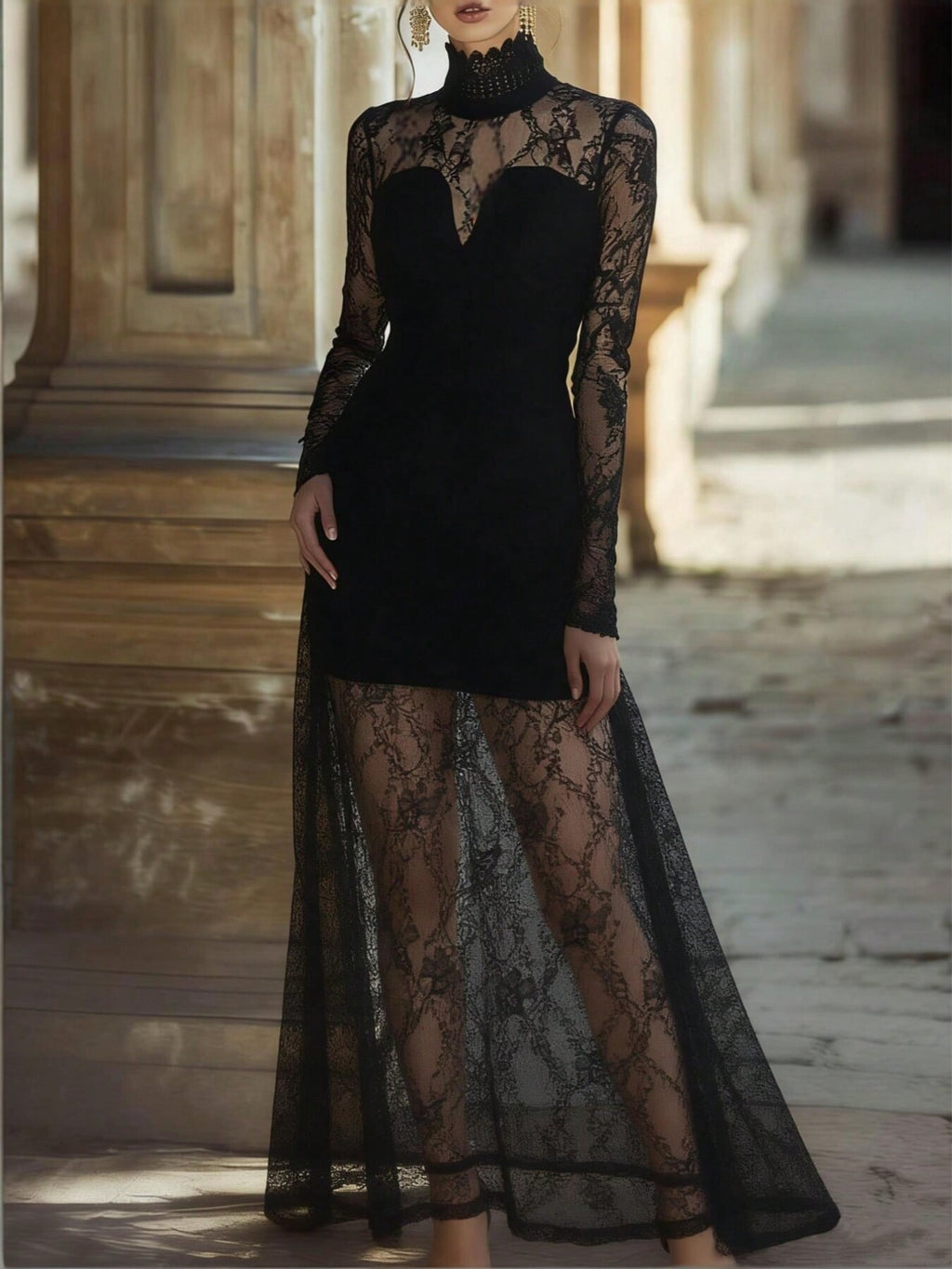 Black lace high-neck long-sleeve maxi dress front view