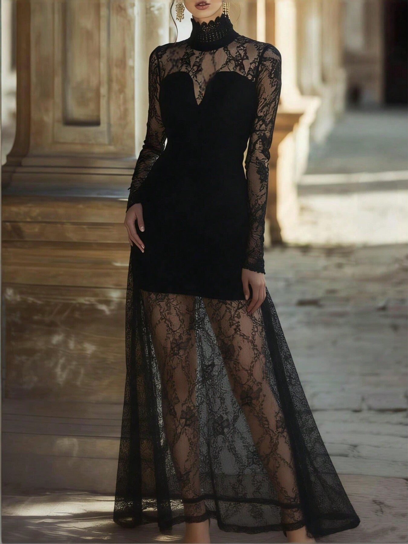 Black lace high-neck long-sleeve maxi dress front view