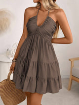 Brown smocked halter tiered mini dress, front view