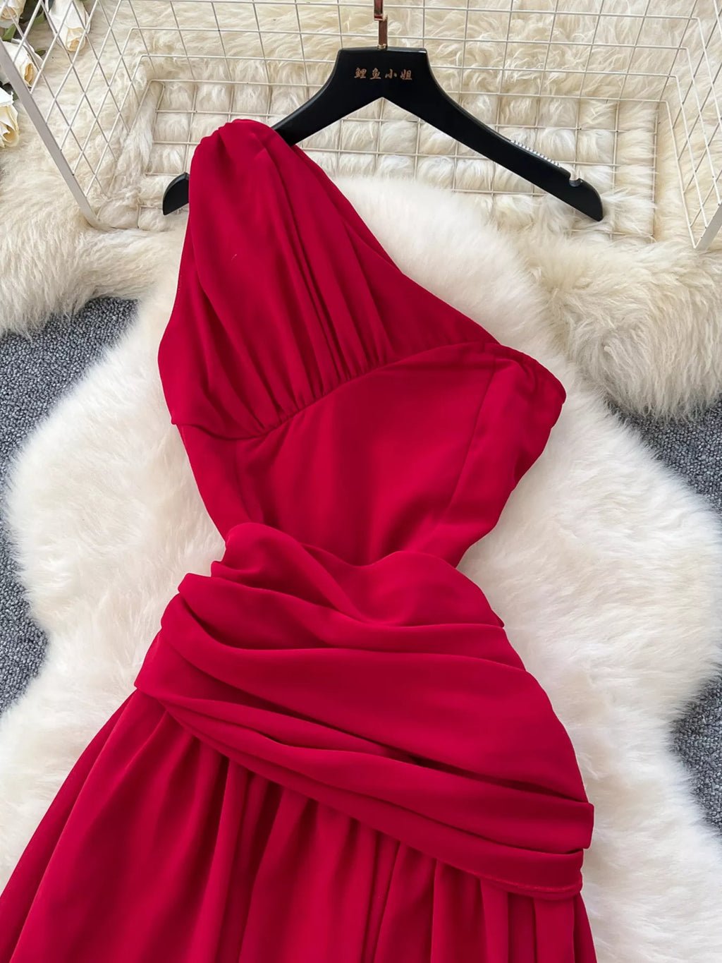 One-shoulder floral dress with slit side view