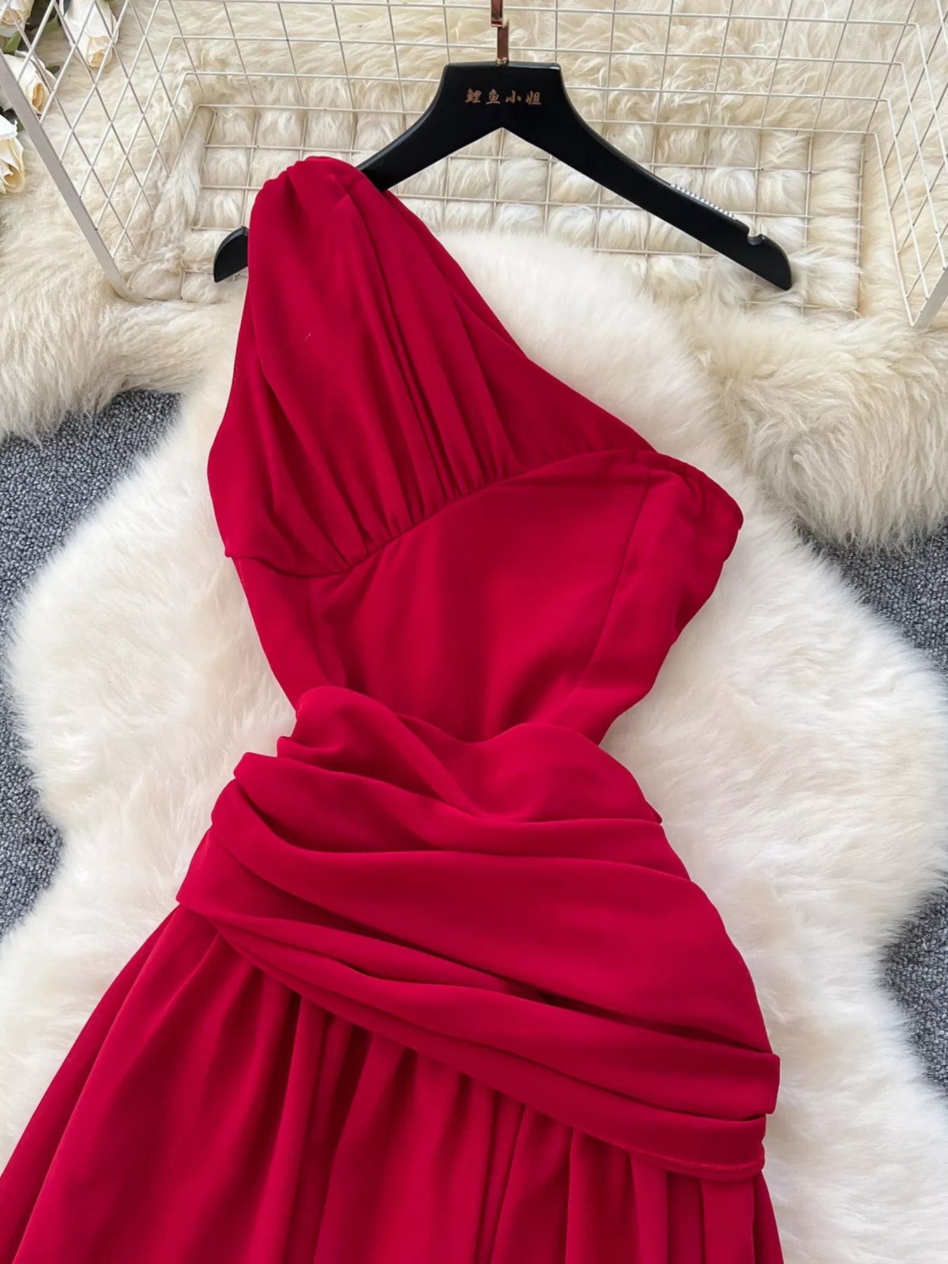 One-shoulder floral dress with slit side view