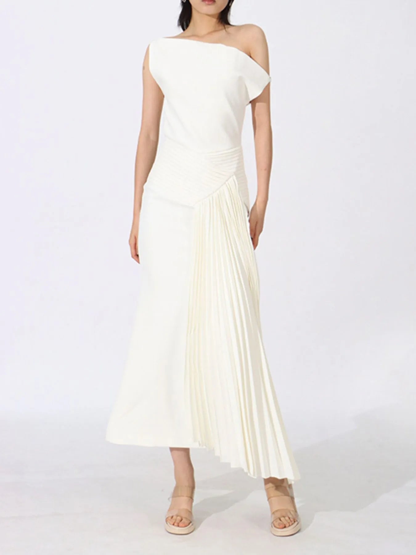 One-shoulder ruched maxi dress occasion look