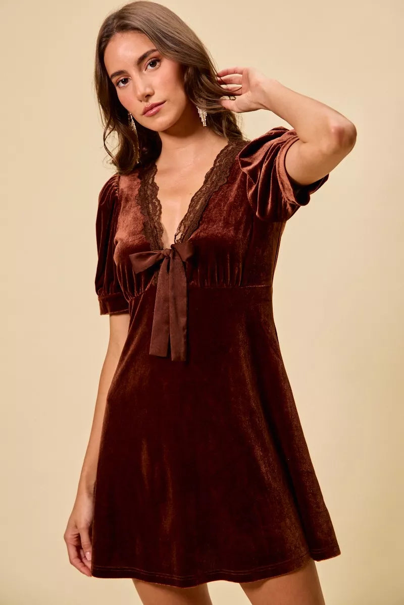 Mauve velvet short-sleeve dress detail
