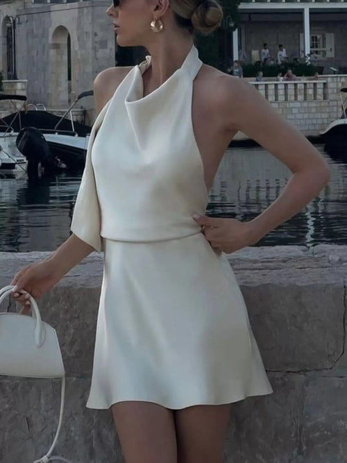Beige backless halter-neck mini dress