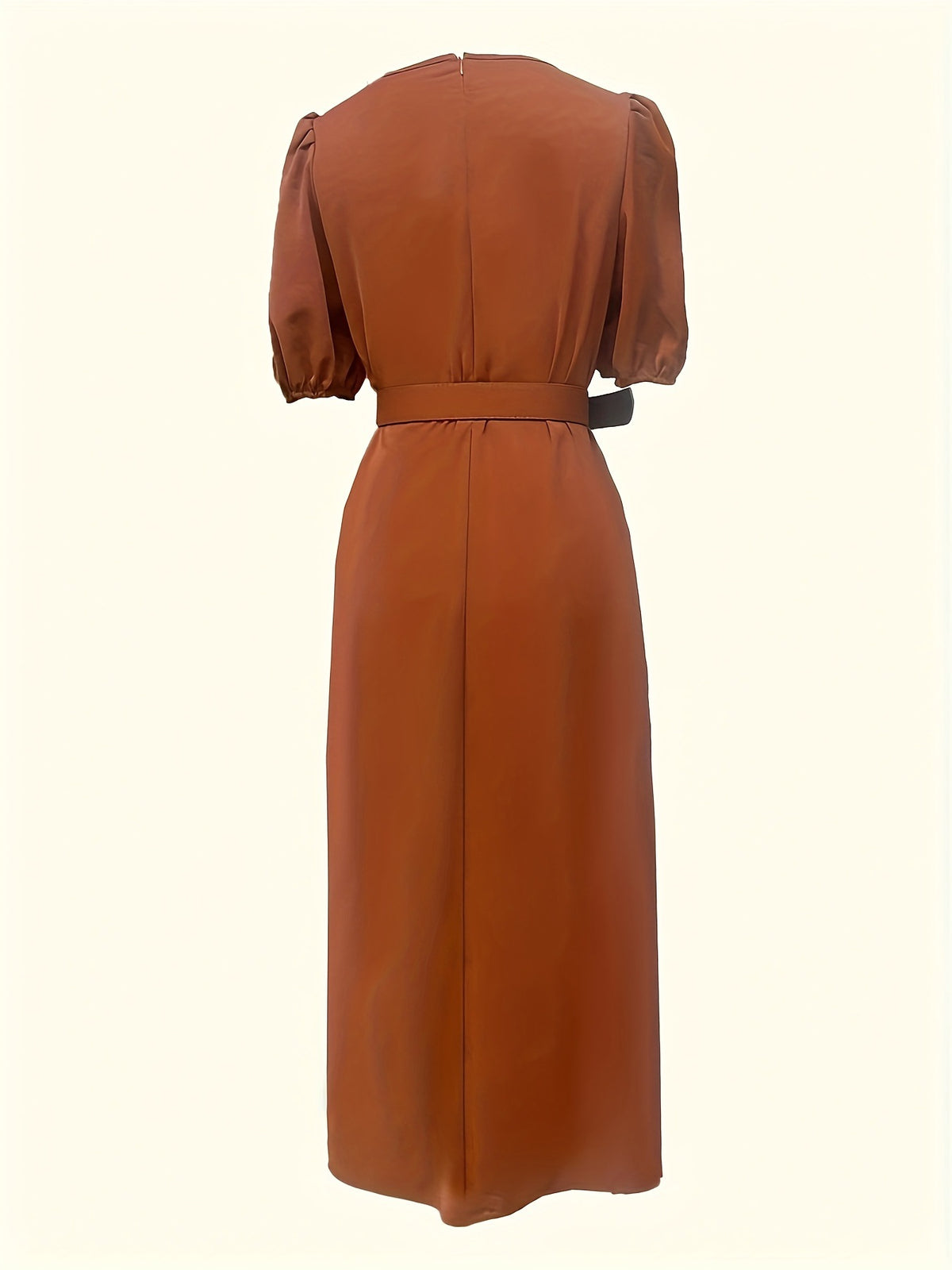 Rust belted puff-sleeve midi dress, back view