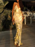 Gold backless V-neck maxi dress front view