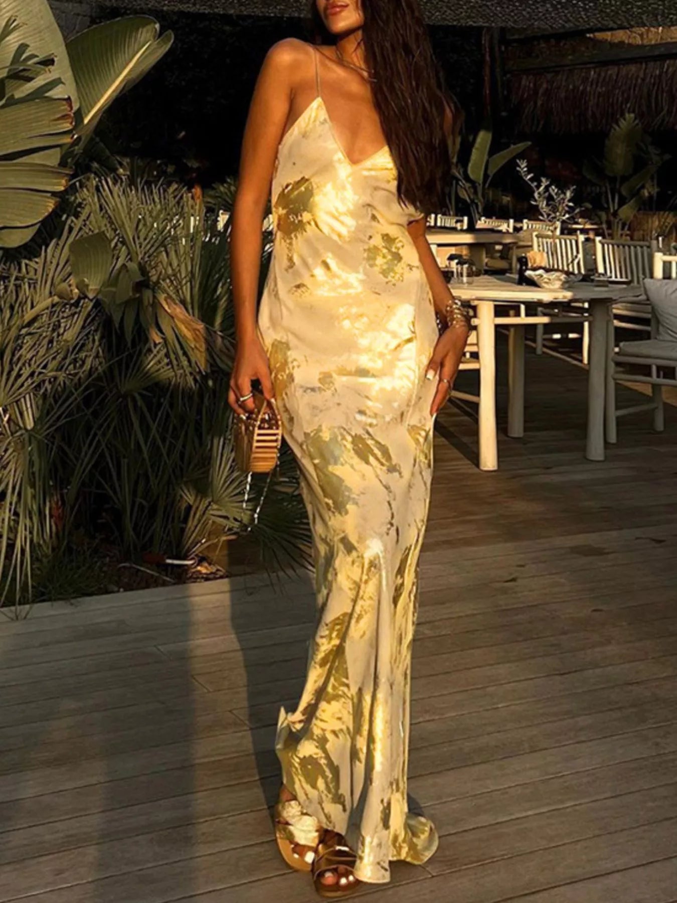 Gold backless V-neck maxi dress front view