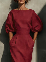 Wine-red round-neck puff-sleeve midi dress, waist detail