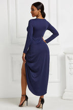 Navy ruched long-sleeve wrap dress, back view