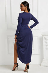 Navy ruched long-sleeve wrap dress, back view