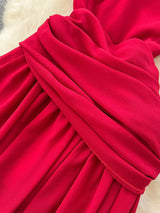 Red one-shoulder floral decor dress, waist detail.