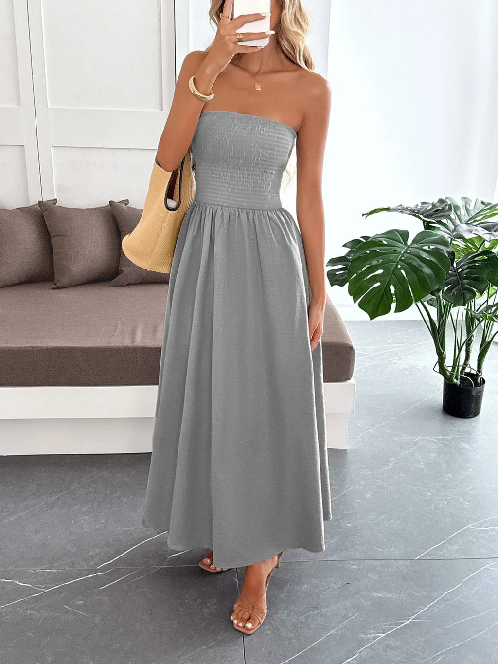 Light gray smocked tube maxi dress