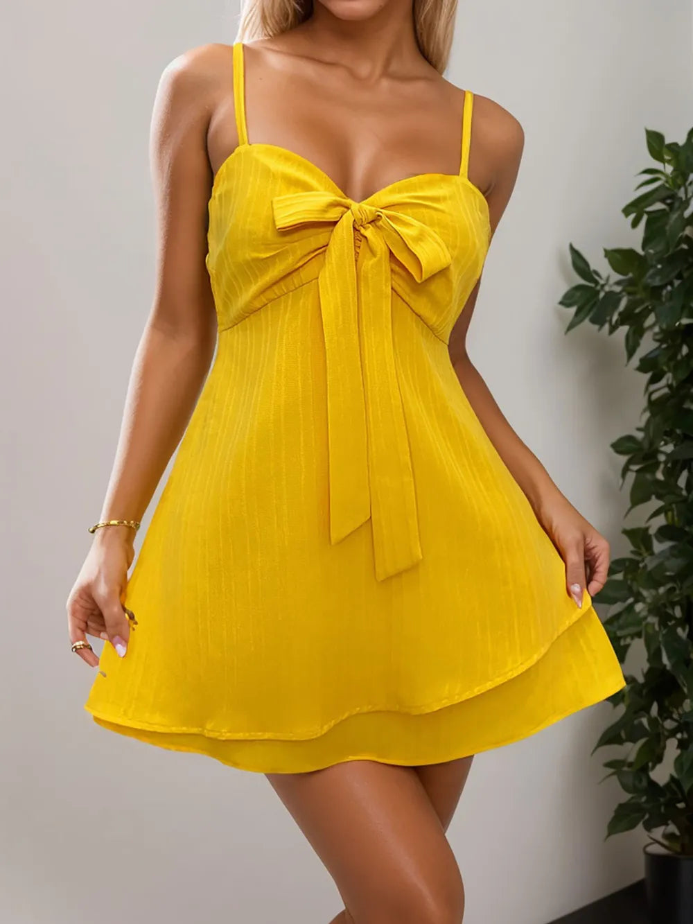 Gold Layered Sweetheart-Neck Bow Mini Cami Dress - product view 1