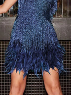 Navy plus-size sequin feather-fringe mini dress, hem detail.