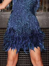 Navy plus-size sequin feather-fringe mini dress, hem detail.