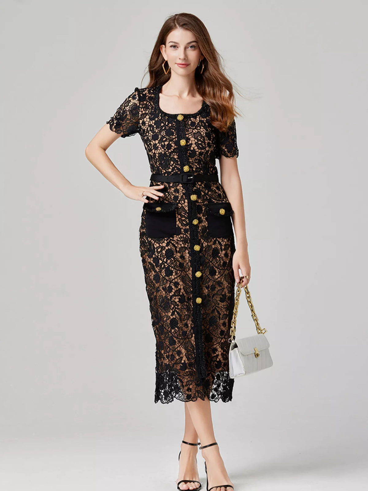 Lace Button-Up Midi Dress with Pockets - product view 4