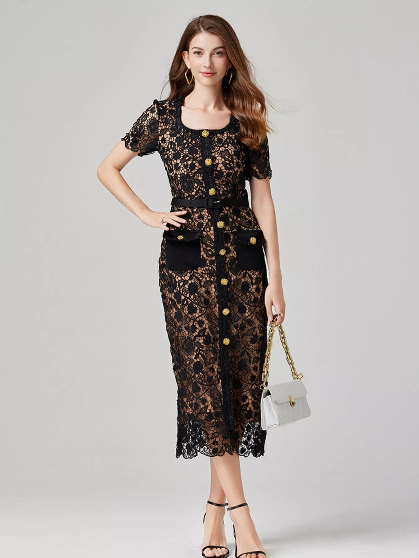 Lace Button-Up Midi Dress with Pockets - product view 4