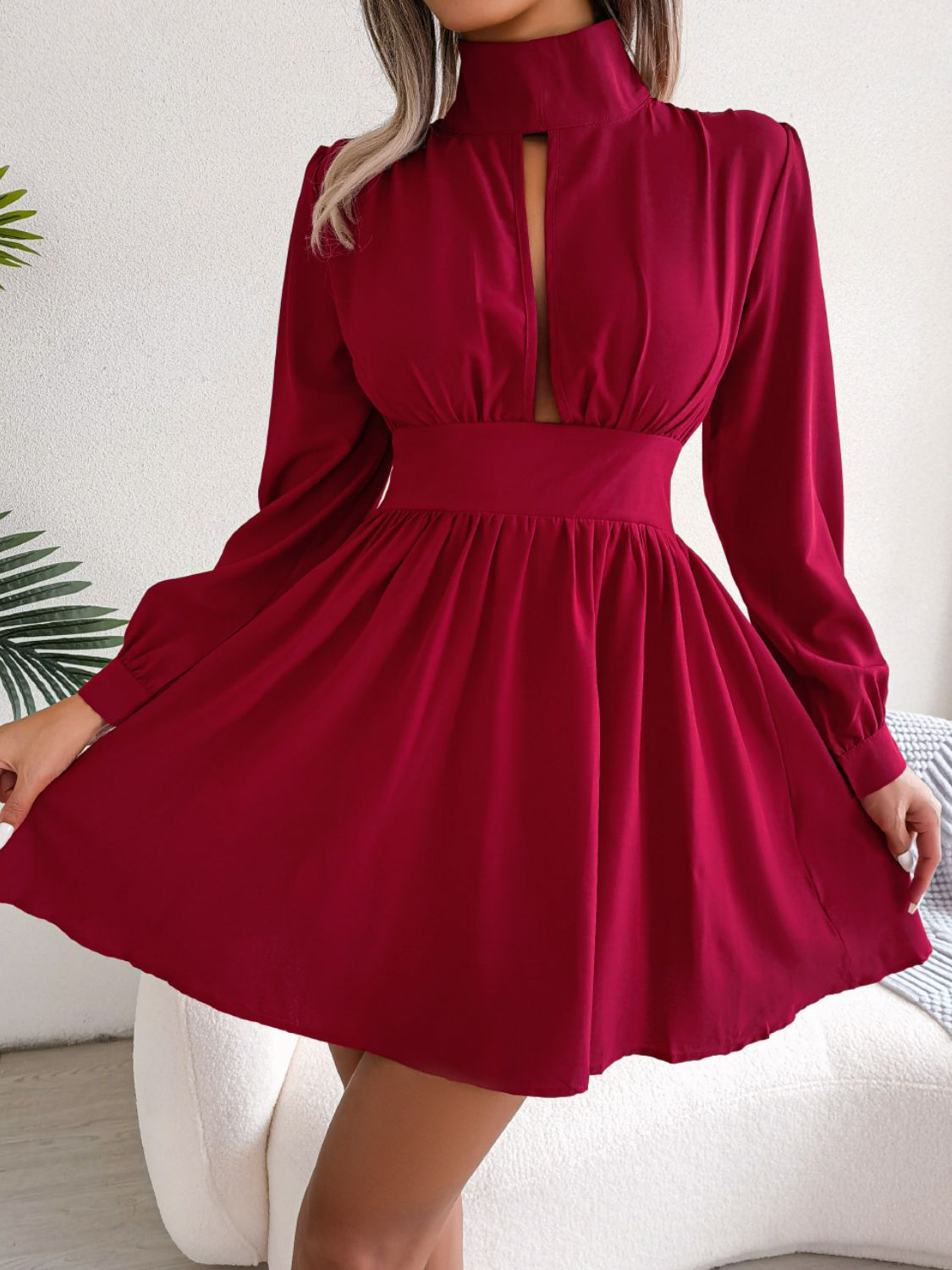 Keyhole turtleneck mini dress side view