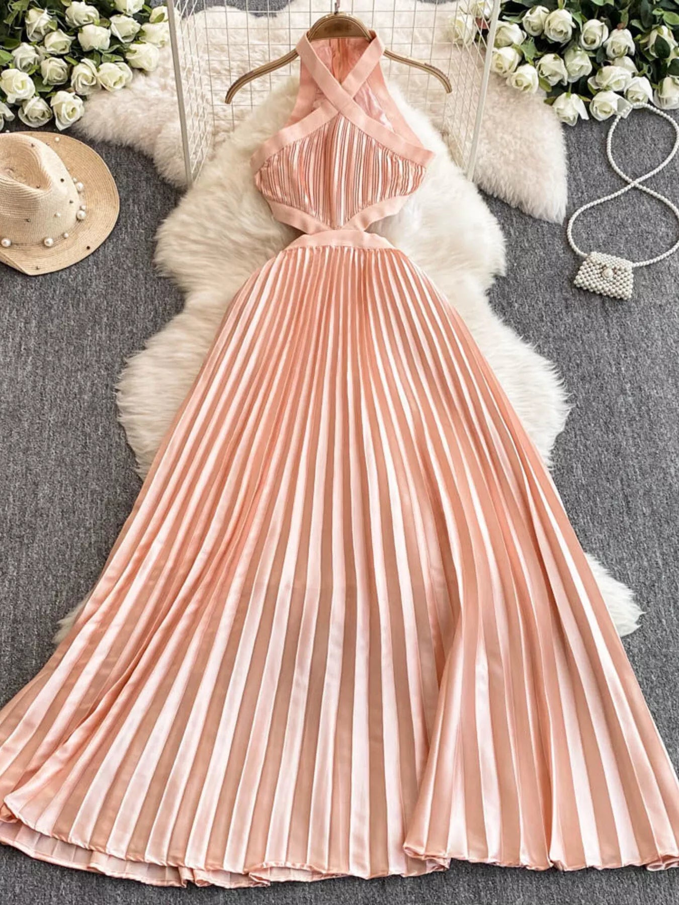 Watermelon Pink Halter Pleated Cutout Maxi Dress - product image 4