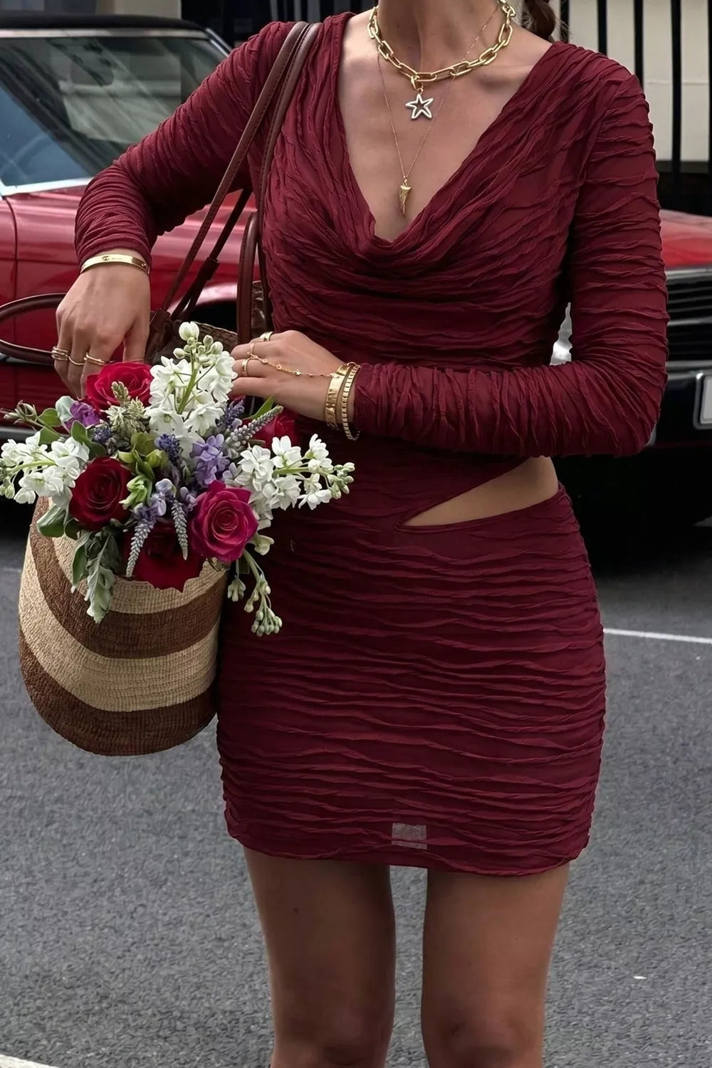 Burgundy ruched cowl-neck mini dress, front view.