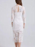 White lace long-sleeve midi dress, back view.