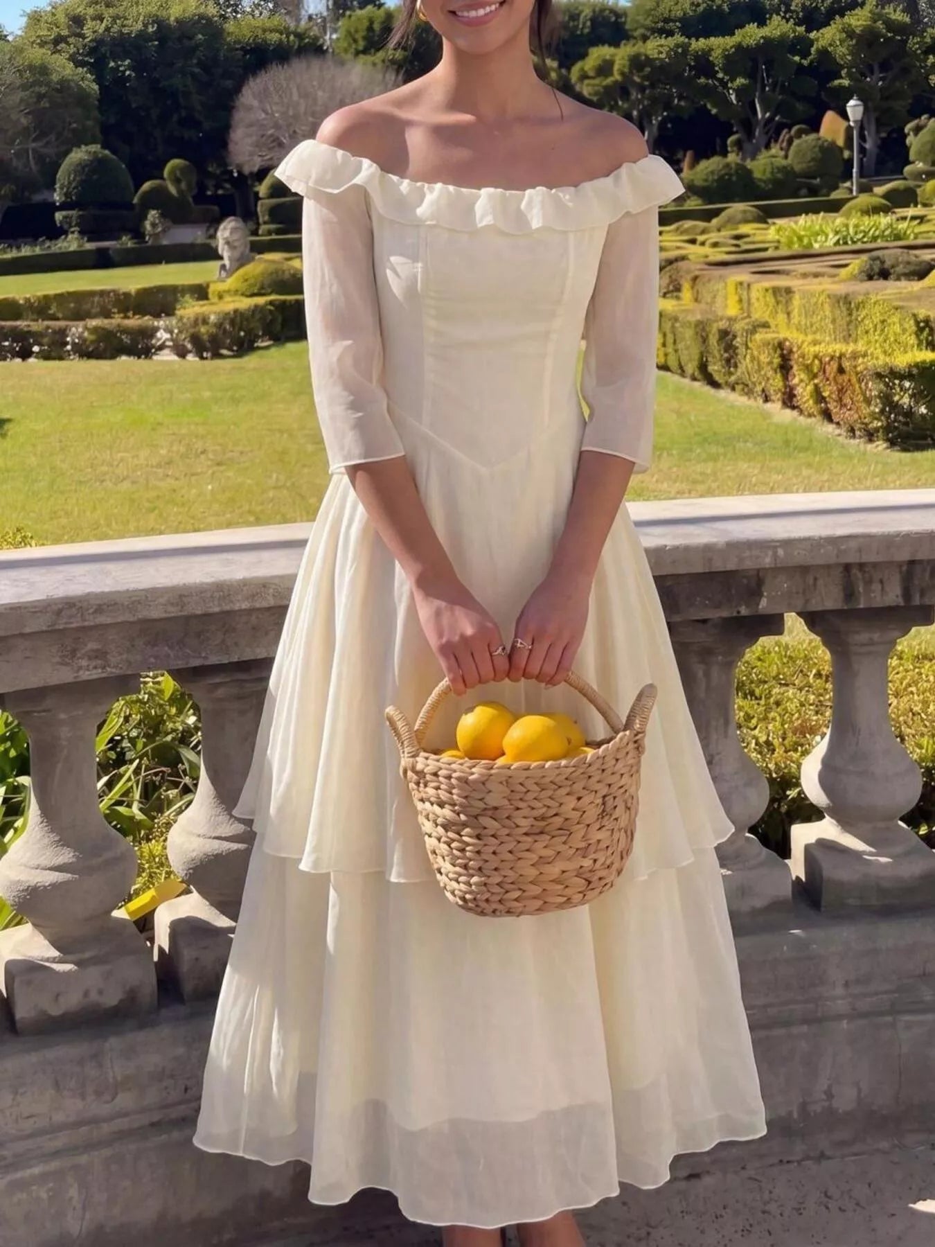 Cream off-shoulder layered midi dress back view