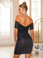 Black off-shoulder sequin mini dress, back view