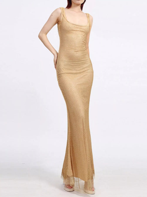 Gold backless sequin scoop neck maxi dress