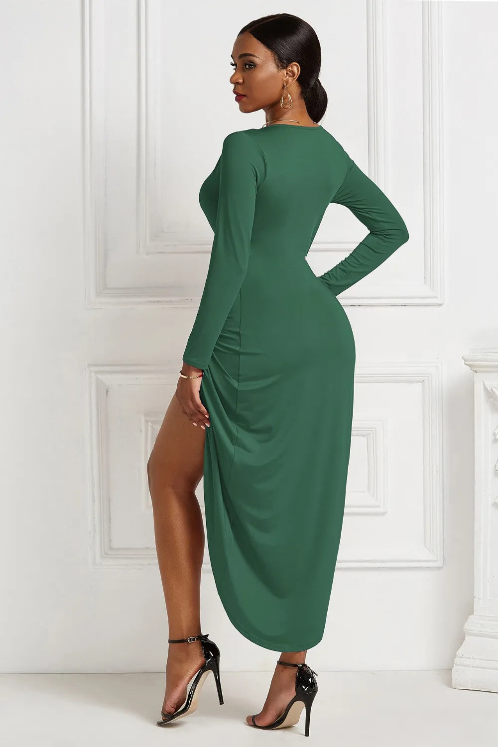 Green ruched long-sleeve wrap dress, back view