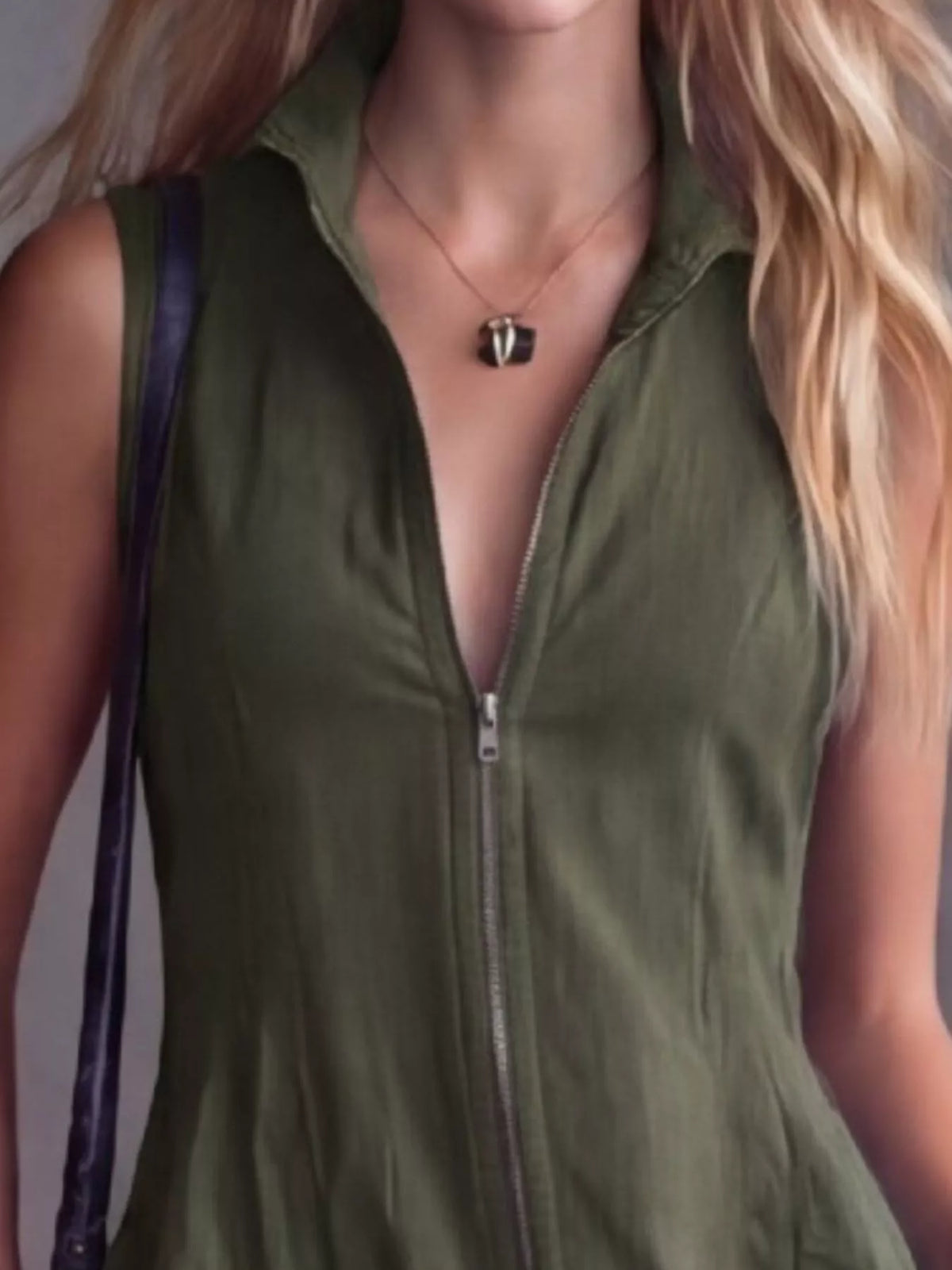 Olive plus-size high-low ruffled zip-front dress, neckline detail.