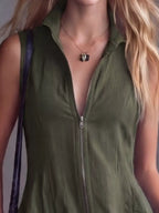 Olive plus-size high-low ruffled zip-front dress, neckline detail.