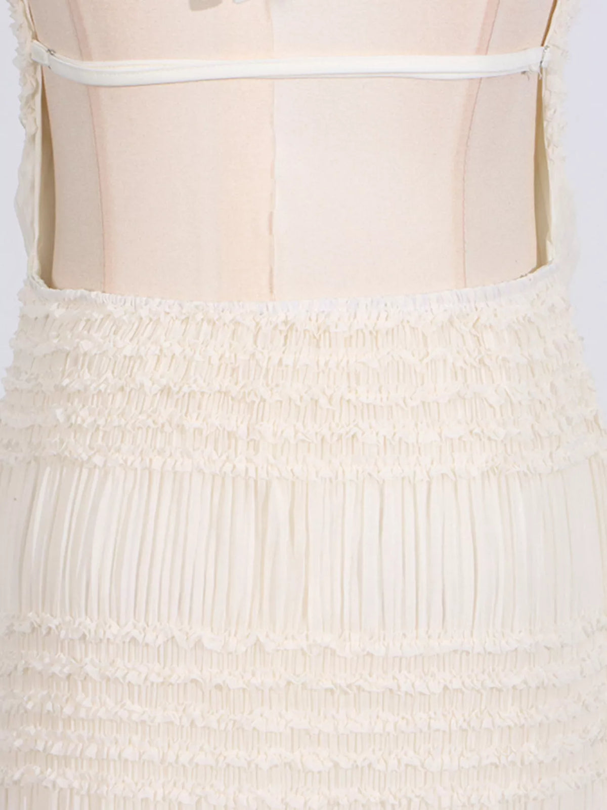Ivory ruched halter neck maxi dress, back waist detail.