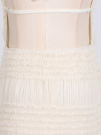 Ivory ruched halter neck maxi dress, back waist detail.