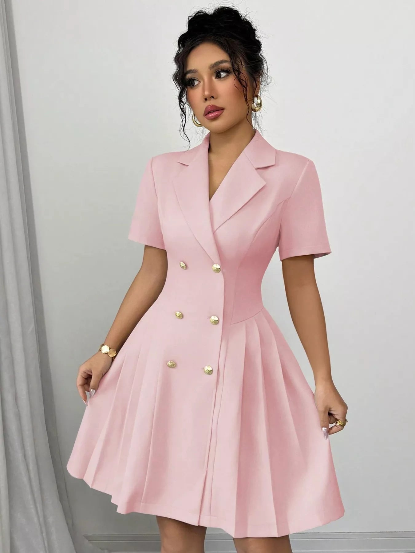 Blush pink double-breasted blazer dress