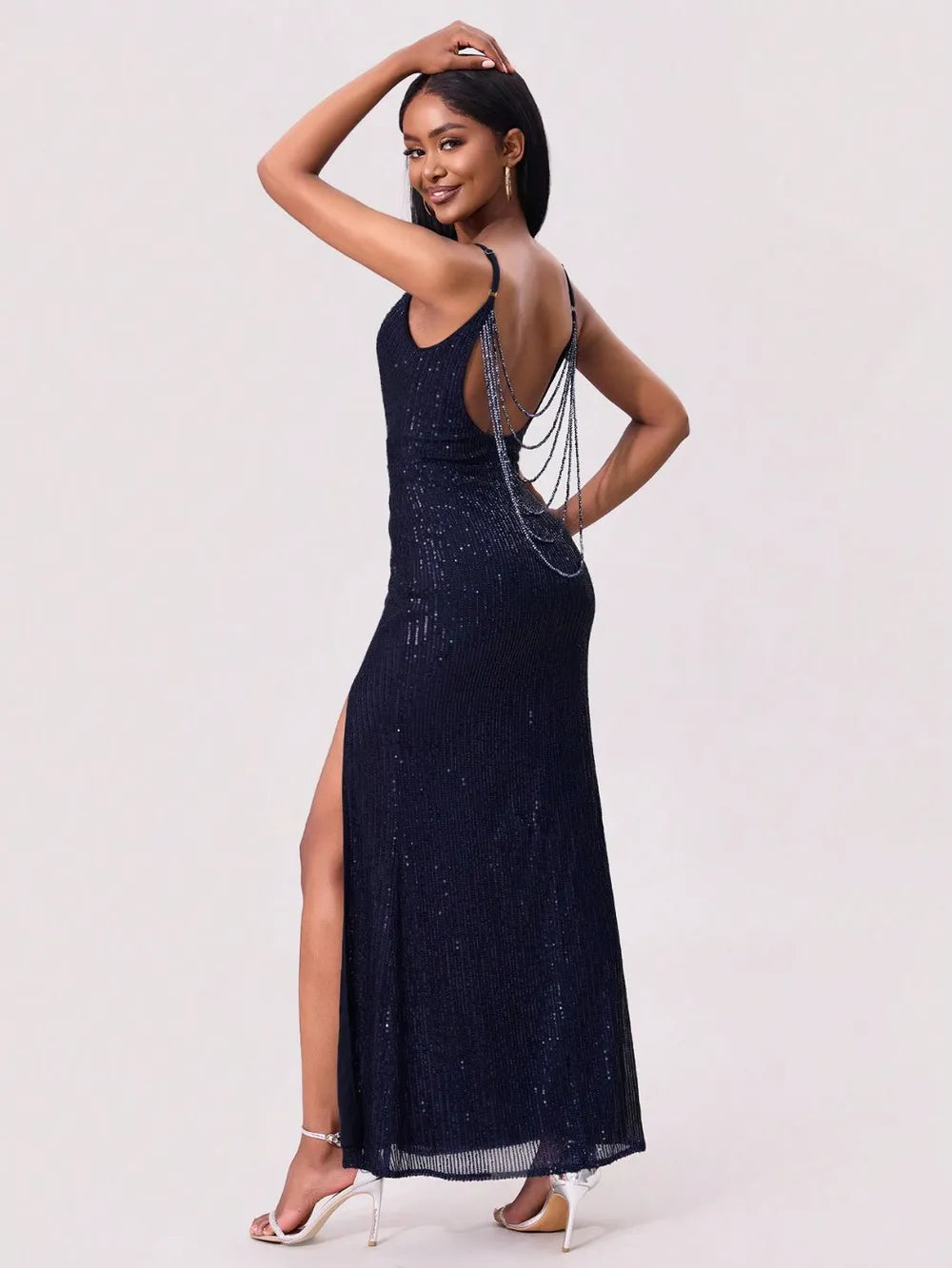 Navy high slit sequin dress alternate view
