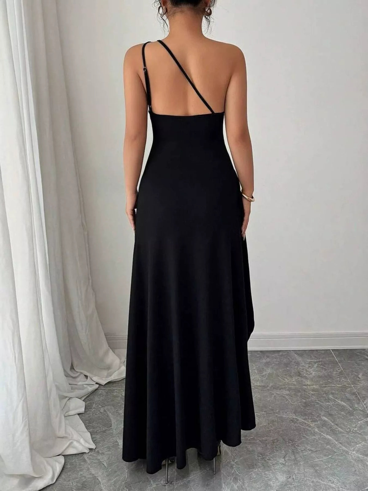 Black high slit ruched evening dress alternate view