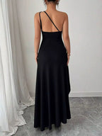 Black high slit ruched evening dress alternate view