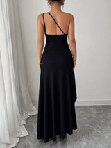 Black high slit ruched evening dress alternate view