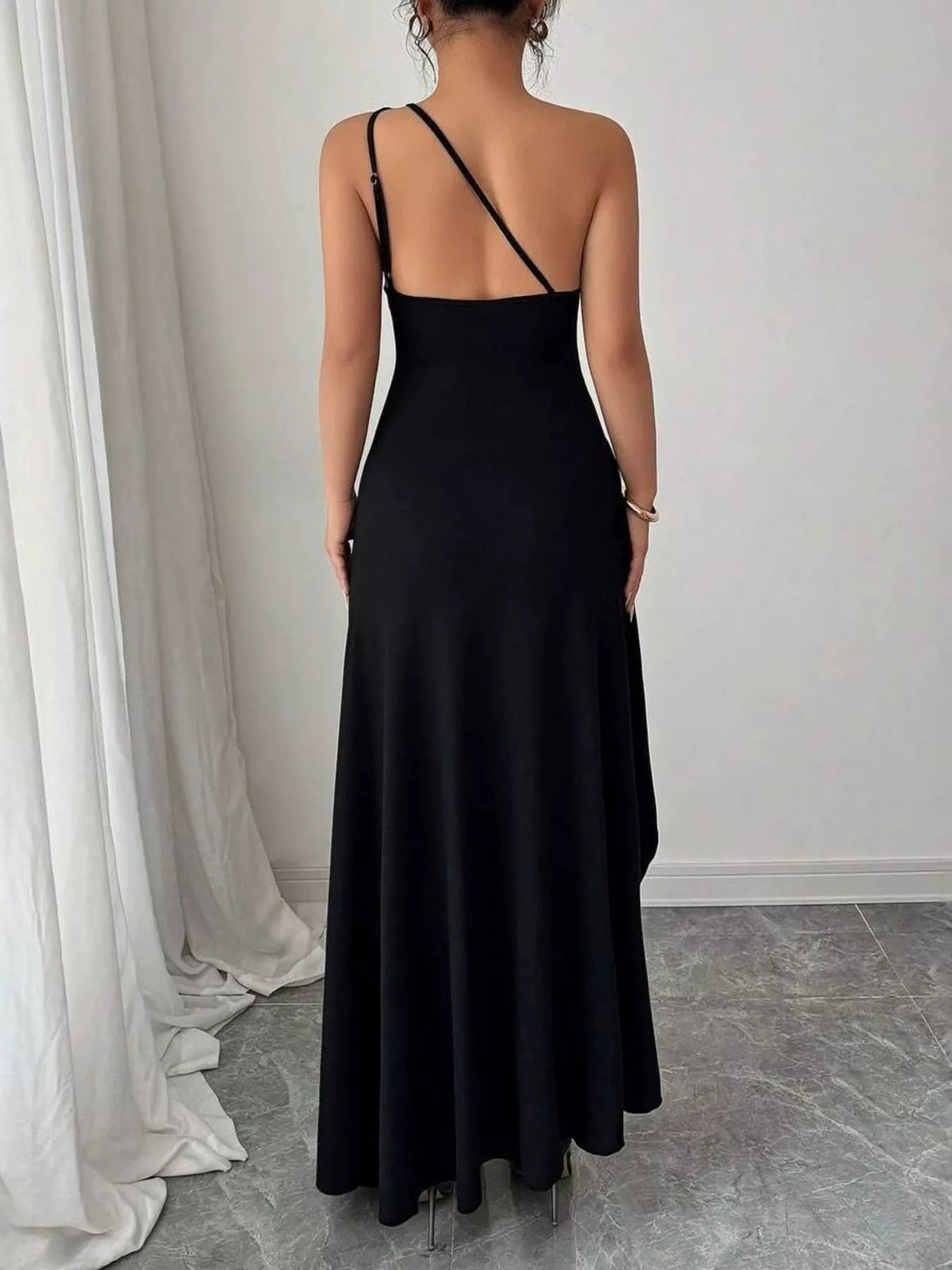 Black high slit ruched evening dress alternate view