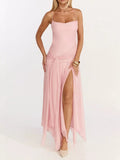 Pink spaghetti-strap slit maxi dress front view