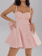 Blush-Pink Satin Bow Ruched Mini Cami Dress - product view 2