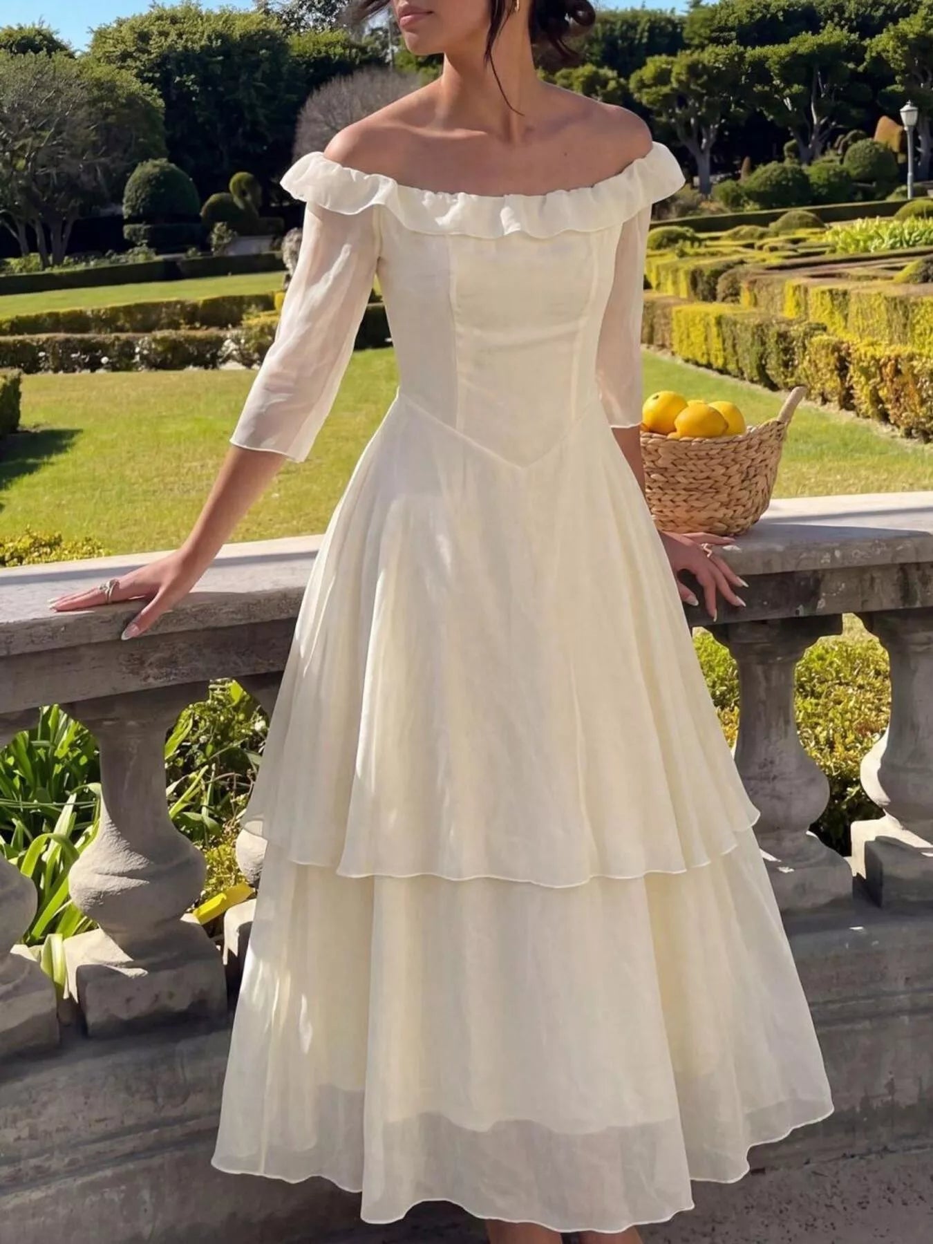 Cream off-shoulder layered midi dress full silhouette