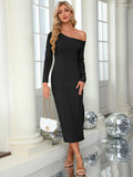One-shoulder long-sleeve slit dress front view