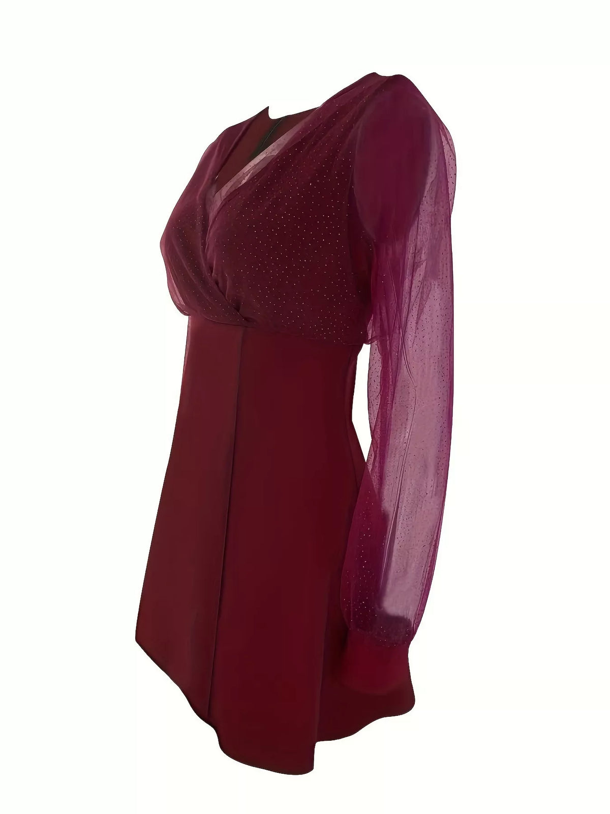 Burgundy glitter mesh long-sleeve mini dress, side view.