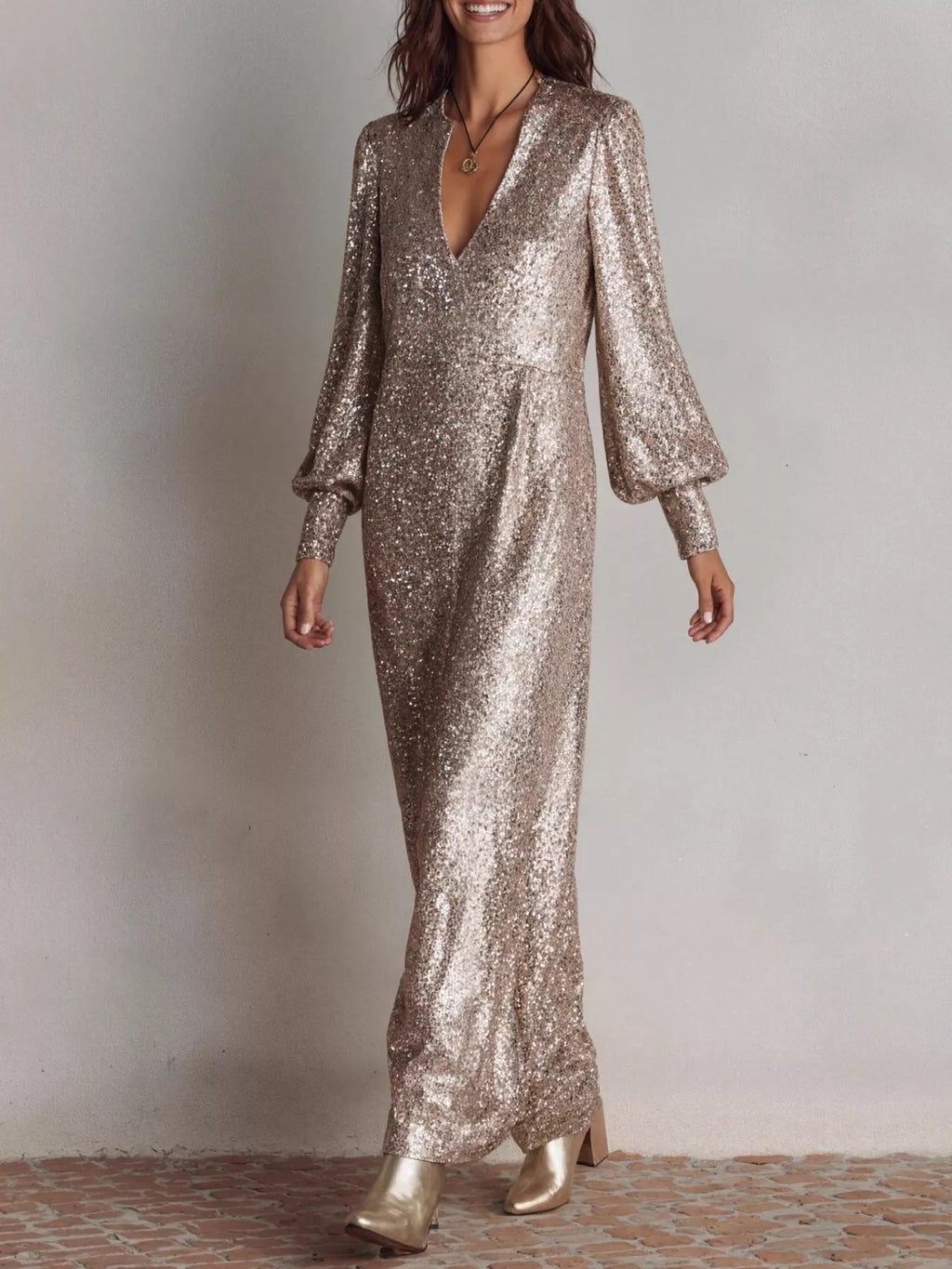 Sequin lantern-sleeve dress detail