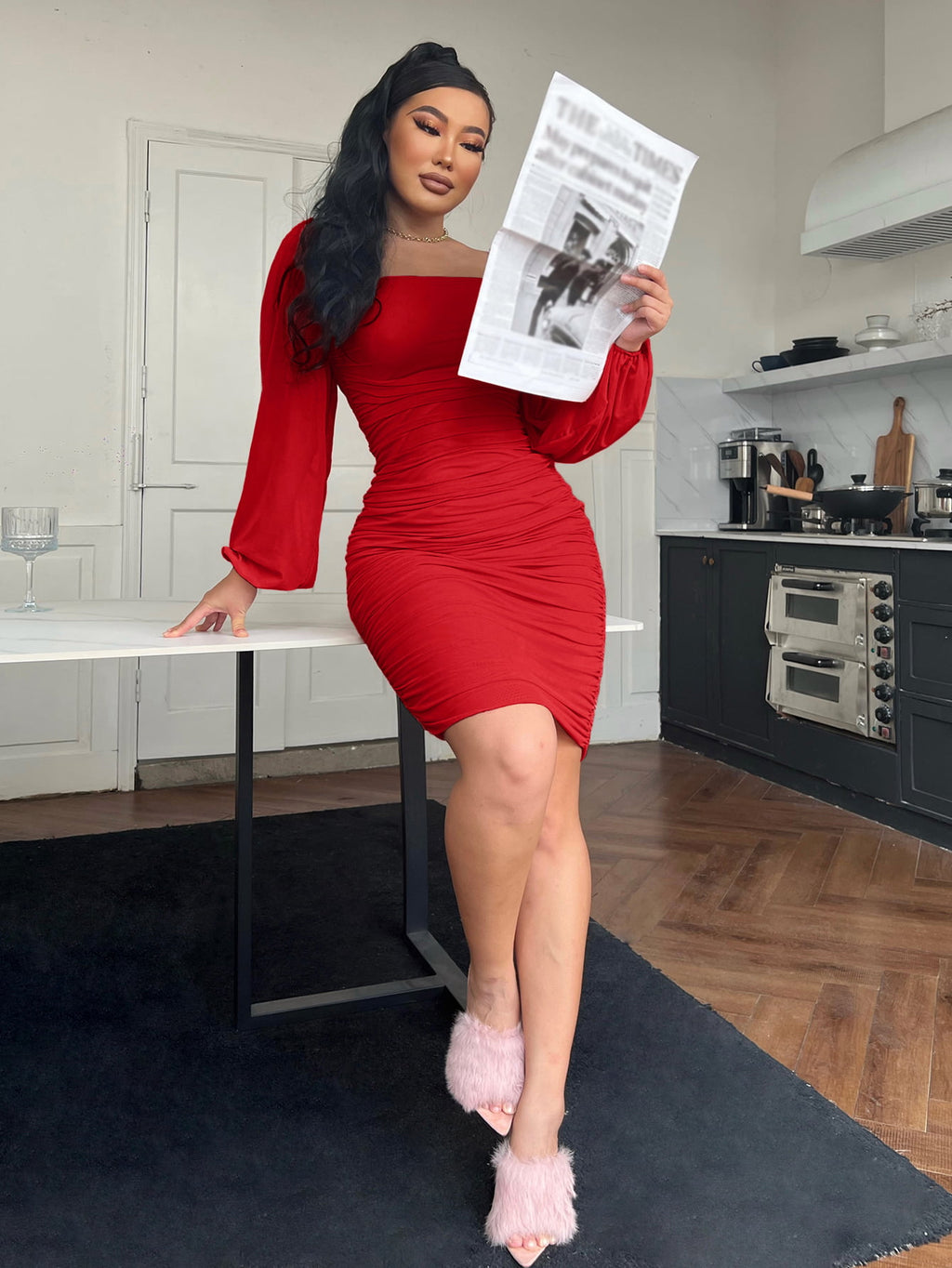 Red long-sleeve bodycon dress full-length view